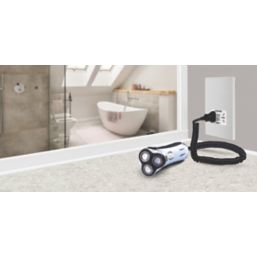 British General Evolve 2-Gang Dual Voltage Shaver Socket 115/240V Brushed Steel with White Inserts