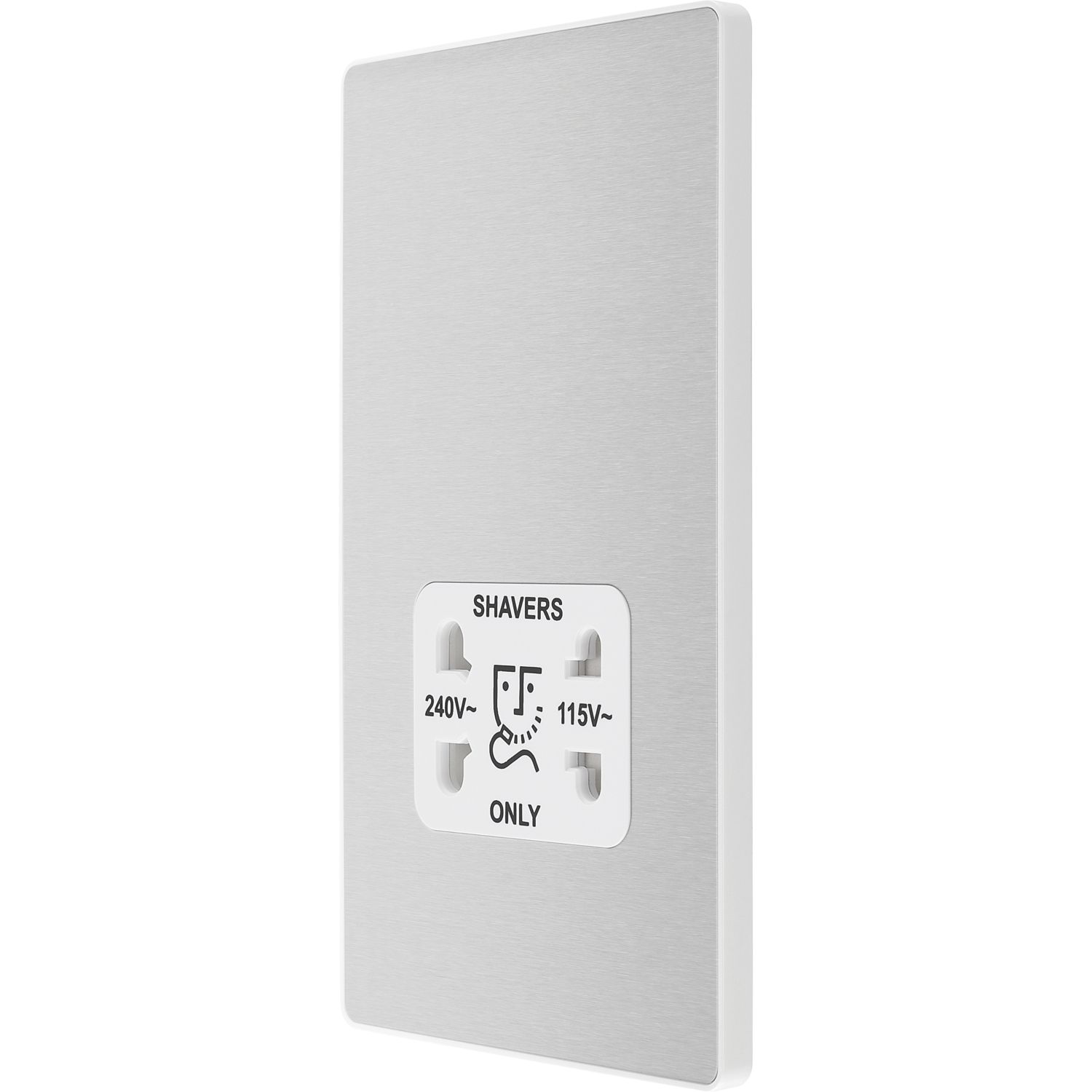 British General Evolve 2-Gang Dual Voltage Shaver Socket 115/240V Brushed Steel with White Inserts (279RF)