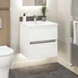 Newland  Double Drawer Wall-Mounted Vanity Unit with Basin Gloss White 500mm x 450mm x 540mm