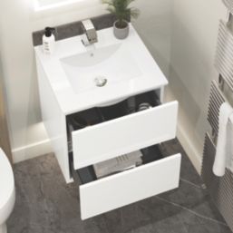Newland  Double Drawer Wall-Mounted Vanity Unit with Basin Gloss White 500mm x 450mm x 540mm