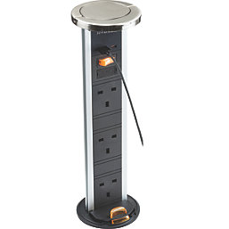 Knightsbridge  13A 3-Gang SP Switched Pop-up Socket + 4.0A 18W 2-Outlet Type A & C USB Charger Brushed Chrome