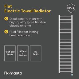 Flomasta 1600mm x 400mm 1364BTU Chrome Flat Electric Towel Radiator