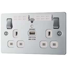 LAP  13A 2-Gang SP Switched Wi-Fi Extender Socket + 2.1A 10.5W 1-Outlet Type A USB Charger Polished Chrome with White Inserts