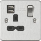 Knightsbridge  13A 1-Gang SP Switched Socket + 2.4A 12W 2-Outlet Type A USB Charger Brushed Chrome with Black Inserts