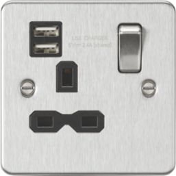 Knightsbridge  13A 1-Gang SP Switched Socket + 2.4A 12W 2-Outlet Type A USB Charger Brushed Chrome with Black Inserts