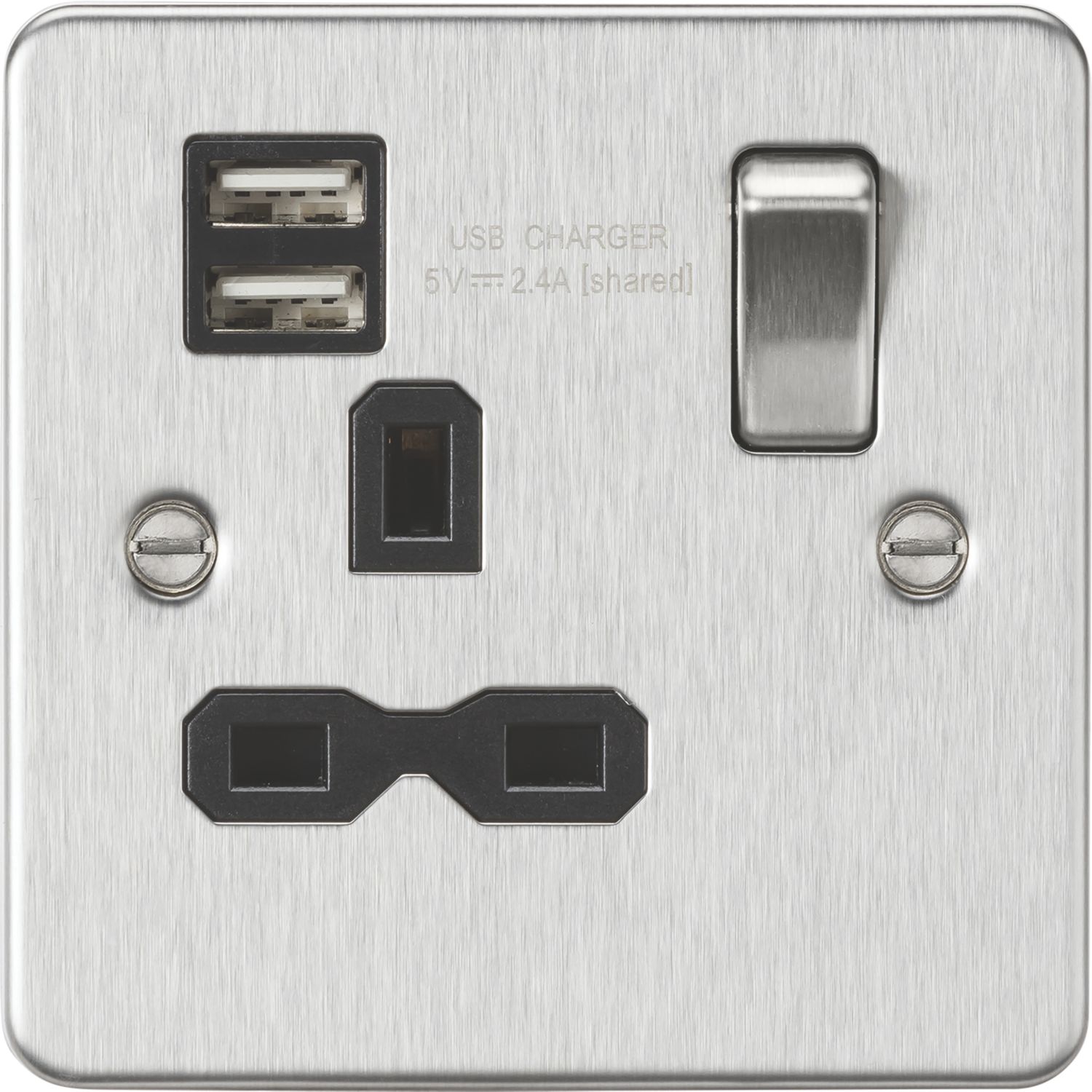 Knightsbridge 13A 1-Gang SP Switched Socket + 2.4A 12W 2-Outlet Type A USB Charger Brushed Chrome with Black Inserts (280TY)