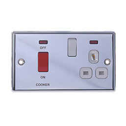 LAP  45A 2-Gang DP Cooker Switch & 13A DP Switched Socket Polished Chrome with Neon with White Inserts