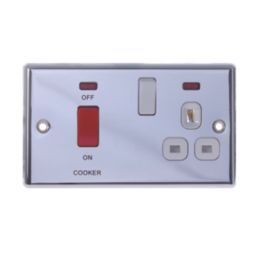 LAP  45A 2-Gang DP Cooker Switch & 13A DP Switched Socket Polished Chrome with Neon with White Inserts