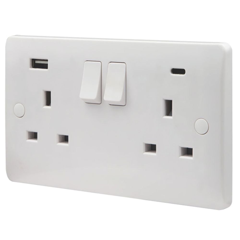 Vimark Pro 13A 2-Gang SP Switched Socket + 4.8A 10.5W 2-Outlet Type A & C USB Charger White with White Inserts