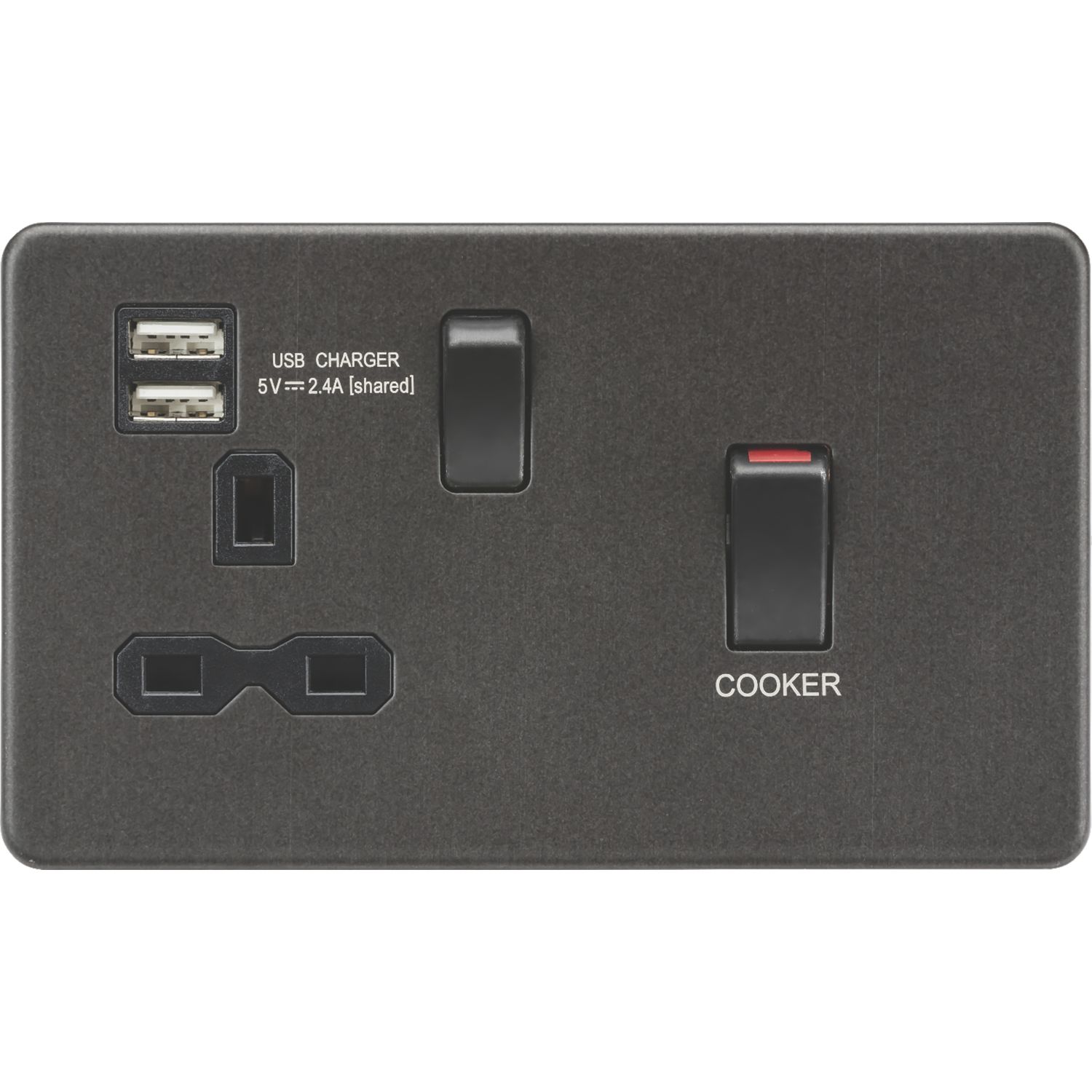 Knightsbridge 45A 1-Gang DP Cooker Switch & 13A DP Switched Socket + 2.4A 12W 2-Outlet Type A USB Charger Smoked Bronze with Black Inserts (281VR)