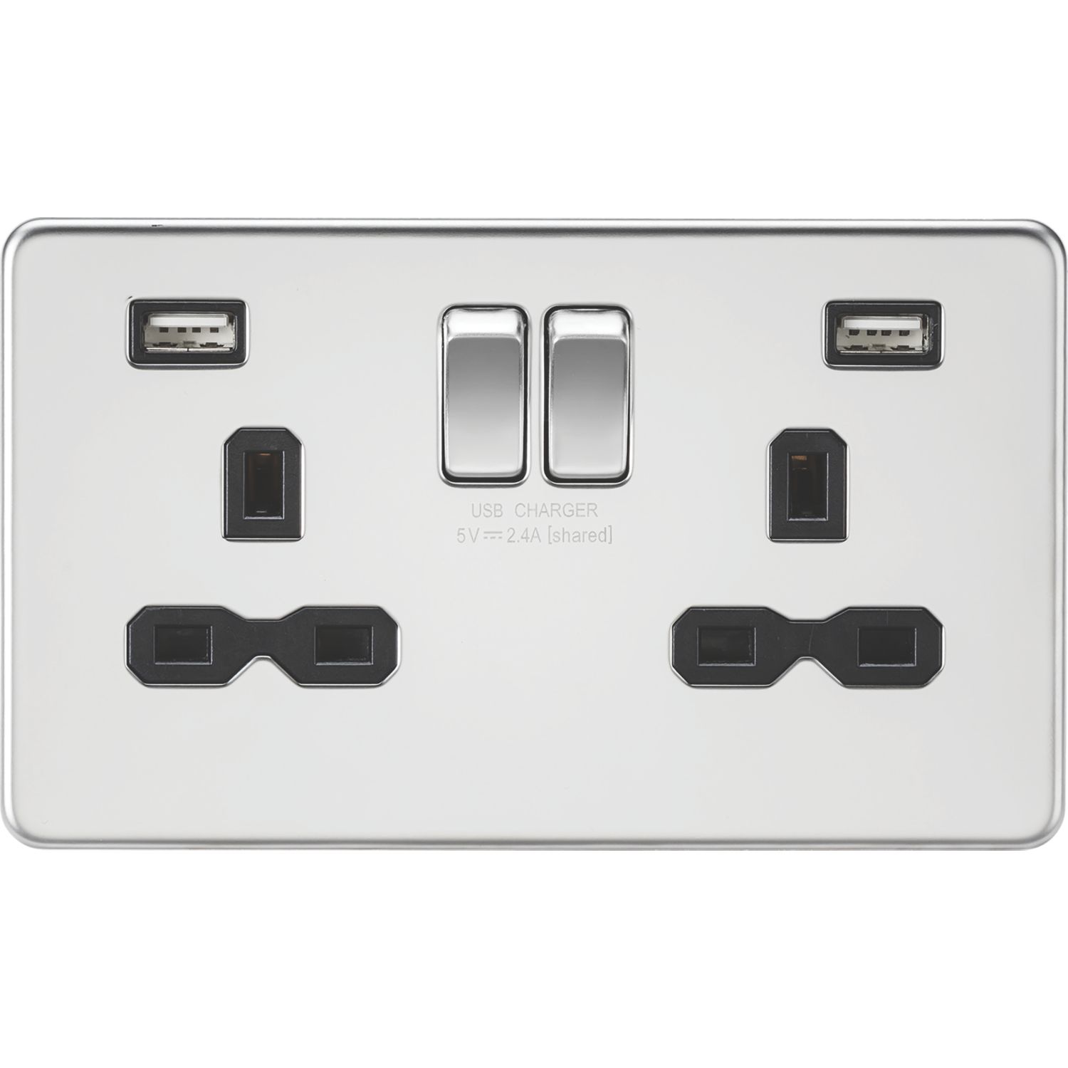 Knightsbridge 13A 2-Gang SP Switched Socket + 2.4A 12W 2-Outlet Type A USB Charger Polished Chrome with Black Inserts (282TX)
