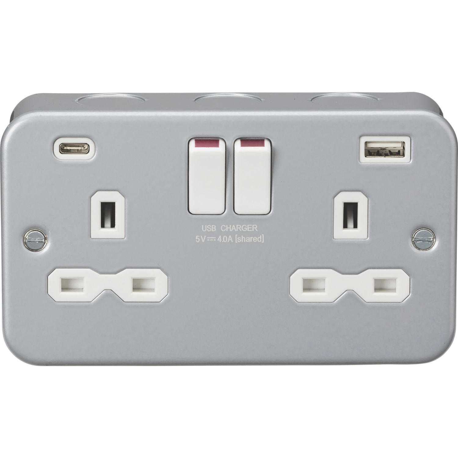 Knightsbridge 13A 2-Gang SP Switched Metal Clad Socket + 4.0A 20W 2-Outlet Type A & C USB Charger with White Inserts (283PY)