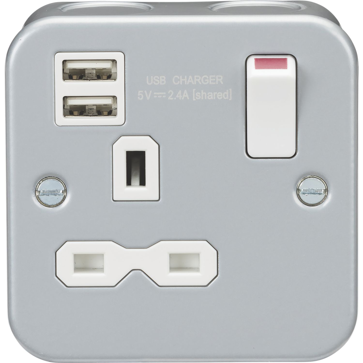 Knightsbridge 13A 1-Gang SP Switched Metal Clad Socket + 2.4A 12W 2-Outlet Type A USB Charger with White Inserts (284VF)
