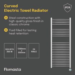 Flomasta 1200mm x 500mm 1024BTU Chrome Curved Electric Towel Radiator