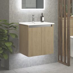 Newland  Double Door Wall-Mounted Vanity Unit with Basin Effect Natural Oak 500mm x 370mm x 540mm
