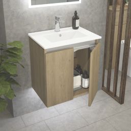 Newland  Double Door Wall-Mounted Vanity Unit with Basin Effect Natural Oak 500mm x 370mm x 540mm