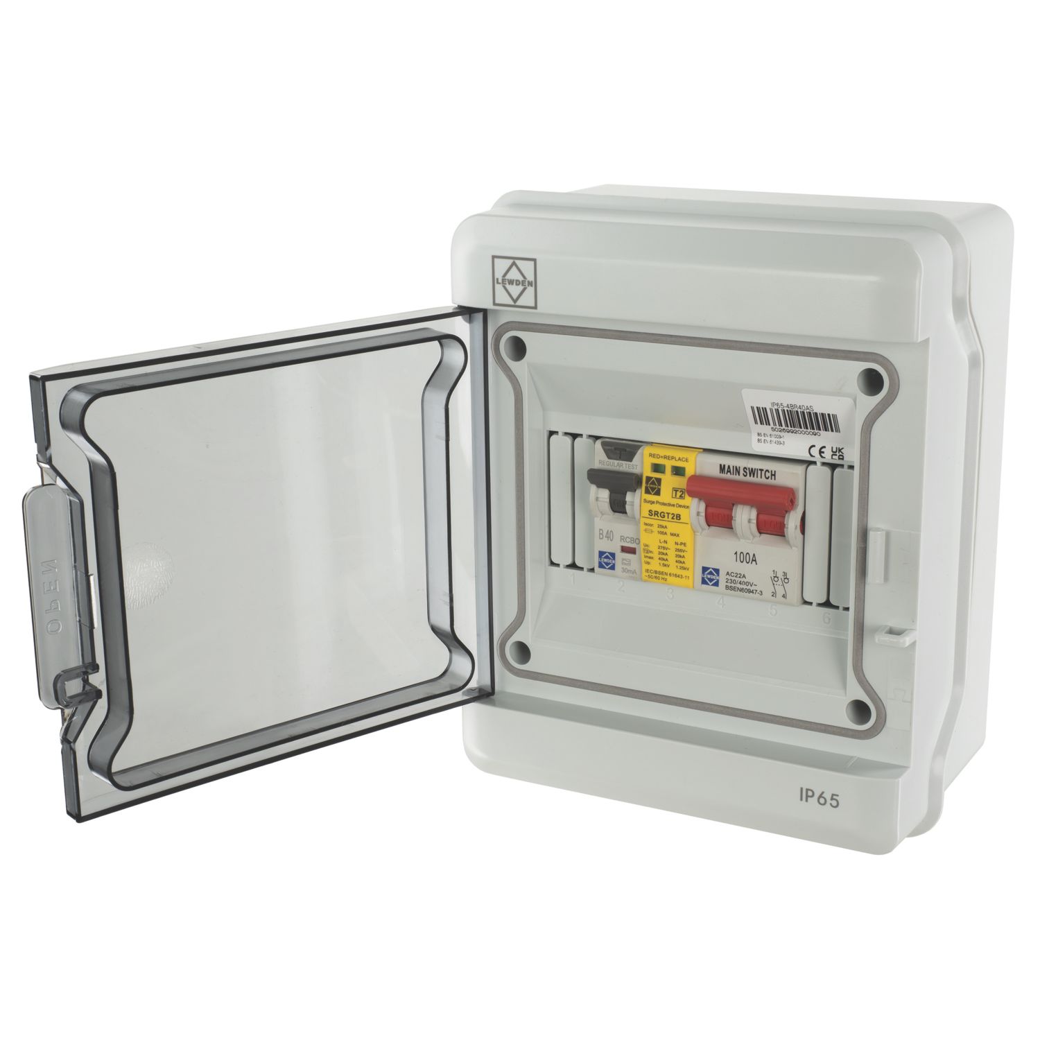 Lewden 65/ENC IP65 Weatherproof Outdoor 6-Module 6-Way Populated EV Charger Consumer Unit with SPD (286YM)