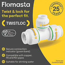 Flomasta Twistloc Plastic Push-Fit Reducing Tee 22mm x 22mm x 15mm 2 Pack