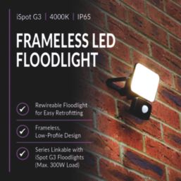 Brackenheath iSpot G3 Frameless Indoor & Outdoor LED Floodlight With PIR Sensor Black 10W 1100lm