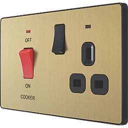 British General Evolve 45A 2-Gang 2-Pole Cooker Switch & 13A DP Switched Socket Satin Brass with LED with Black Inserts