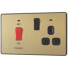 British General Evolve 45A 2-Gang 2-Pole Cooker Switch & 13A DP Switched Socket Satin Brass with LED with Black Inserts
