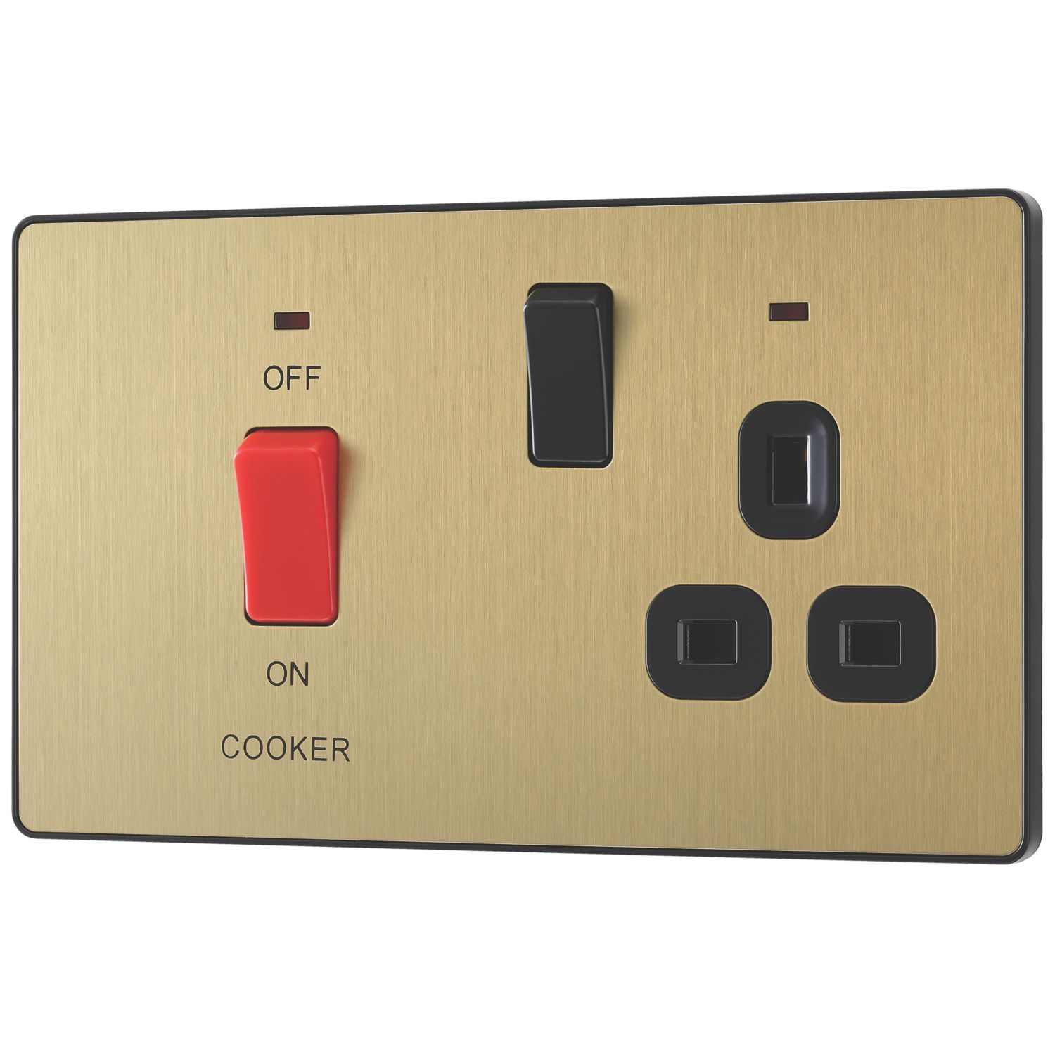 British General Evolve 45A 2-Gang 2-Pole Cooker Switch & 13A DP Switched Socket Satin Brass with LED with Black Inserts (288PX)