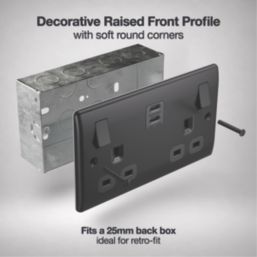 British General Nexus Metal 13A 2-Gang SP Switched Socket + 3.25A 65W 2-Outlet Type C USB Charger Matt Black with Black Inserts