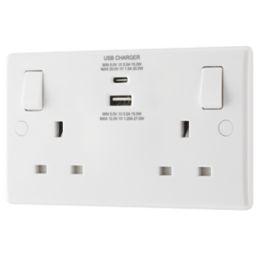 British General 800 Series 13A 2-Gang SP Switched Socket + 3A 30W 2-Outlet Type A & C USB Charger White