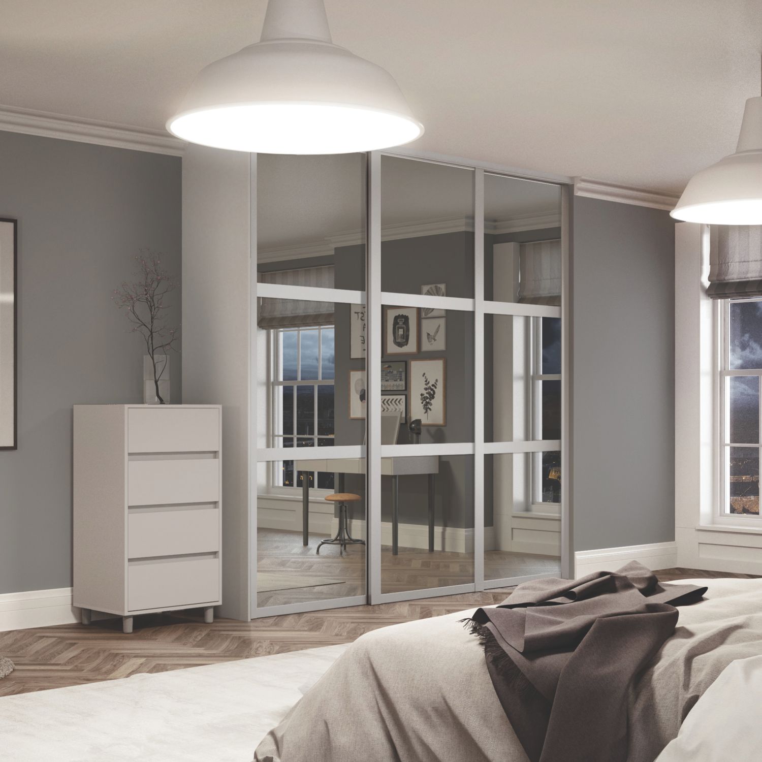 Spacepro Shaker 3-Door Sliding Wardrobe Door Kit Dove Grey Frame Mirror Panel 2978mm x 2260mm (289KJ)