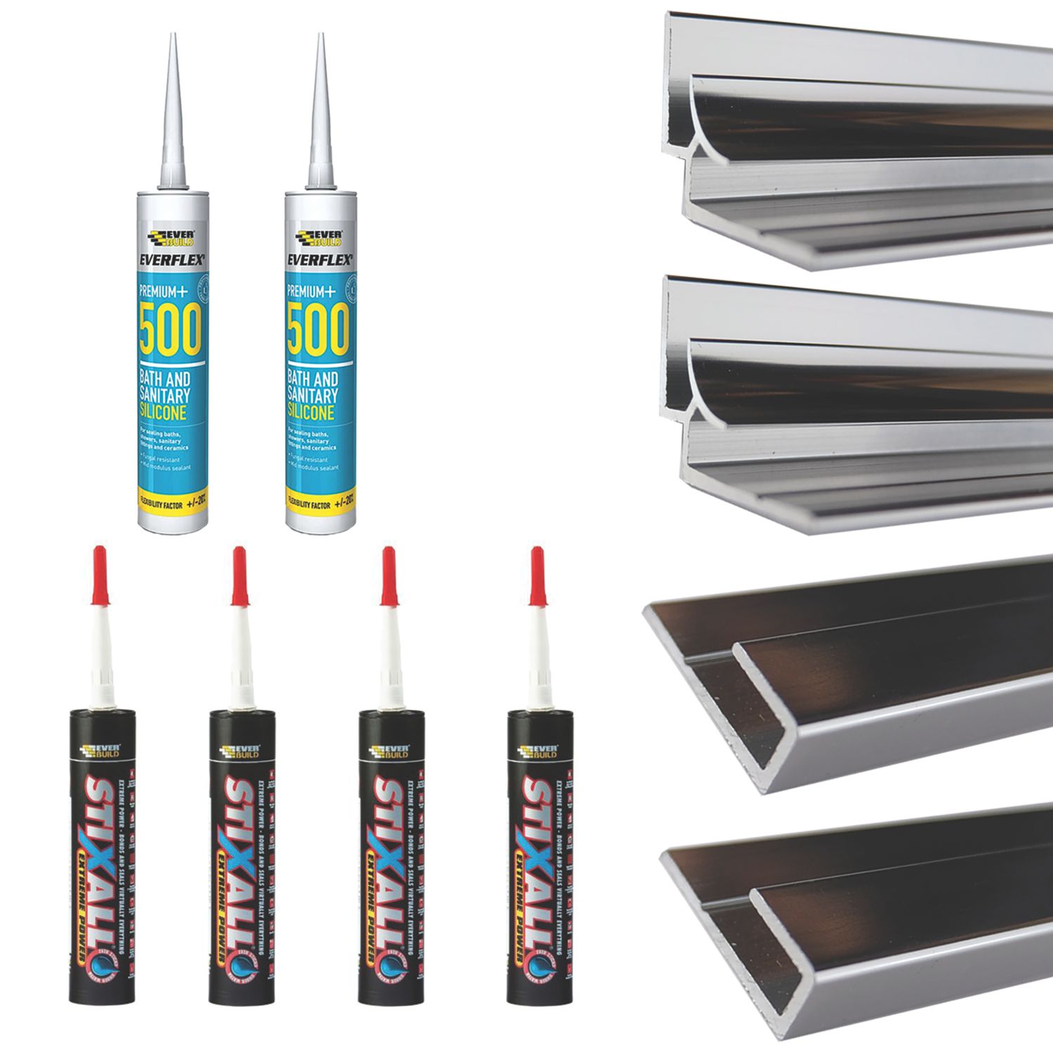 Splashwall Panel Installation Kit Polished Silver 13 Piece Set (290KU)