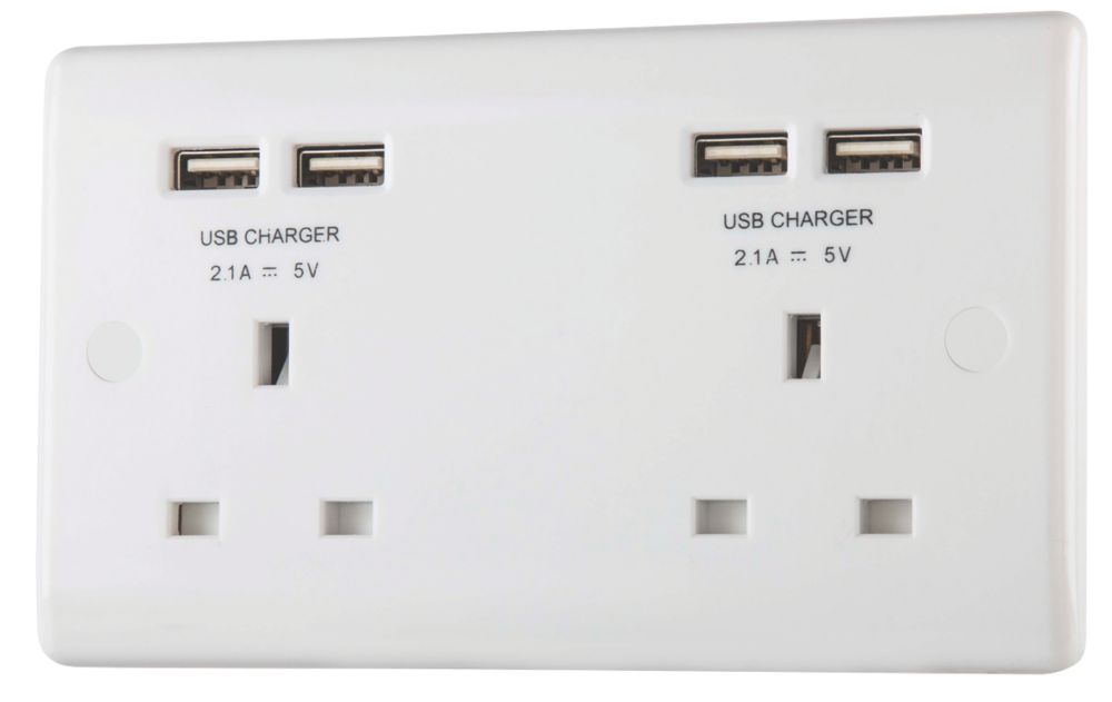 British General 800 Series 13A 2-Gang Unswitched Socket + 4.2A 10.5W 4-Outlet Type A USB Charger White