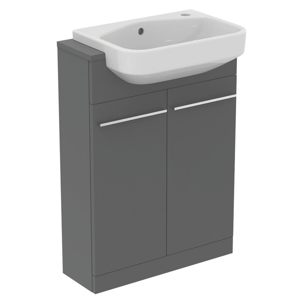 Ideal Standard i.life S Semi-Countertop Floorstanding Basin Unit with Chrome Handles & Basin Matt Grey 600mm x 210mm x 835mm