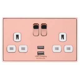 Arlec  13A 2-Gang SP Switched Socket + 4A 15W 2-Outlet Type A USB Charger Rose Gold with White Inserts