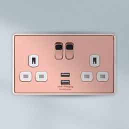 Arlec  13A 2-Gang SP Switched Socket + 4A 15W 2-Outlet Type A USB Charger Rose Gold with White Inserts