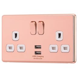 Arlec  13A 2-Gang SP Switched Socket + 4A 15W 2-Outlet Type A USB Charger Rose Gold with White Inserts