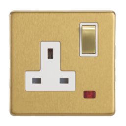 Contactum Lyric 13A 1-Gang DP Switched Socket Outlet Brushed Brass with Neon with White Inserts