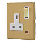 Contactum Lyric 13A 1-Gang DP Switched Socket Outlet Brushed Brass with Neon with White Inserts
