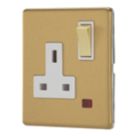 Contactum Lyric 13A 1-Gang DP Switched Socket Outlet Brushed Brass with Neon with White Inserts