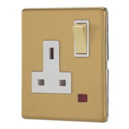 Contactum Lyric 13A 1-Gang DP Switched Socket Outlet Brushed Brass with Neon with White Inserts