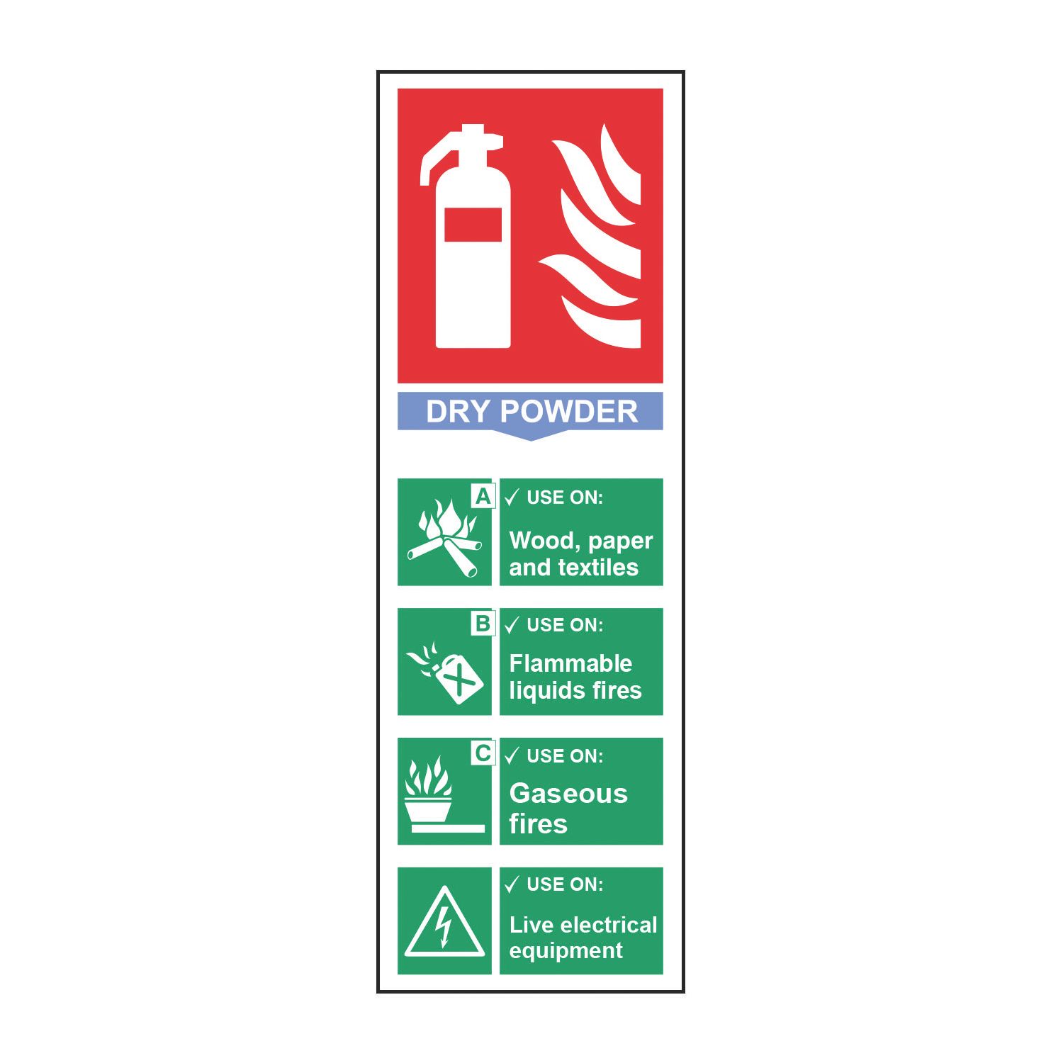 Essentials Non Photoluminescent "Fire Extinguisher Dry Powder" Sign 100mm x 300mm (294FG)