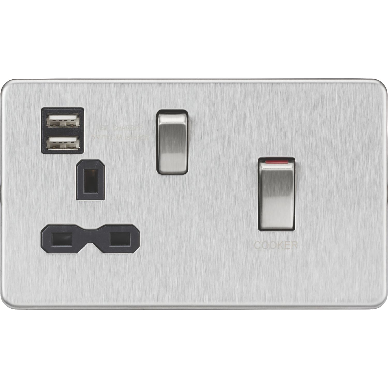 Knightsbridge 45A 1-Gang DP Cooker Switch & 13A DP Switched Socket + 2.4A 12W 2-Outlet Type A USB Charger Brushed Chrome with Black Inserts (294VR)