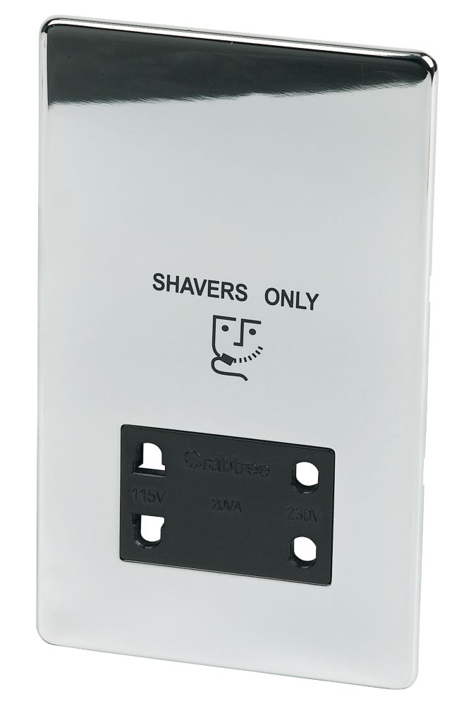 Crabtree Platinum 2-Gang Dual Voltage Shaver Socket 115 / 230V Polished Chrome with Black Inserts