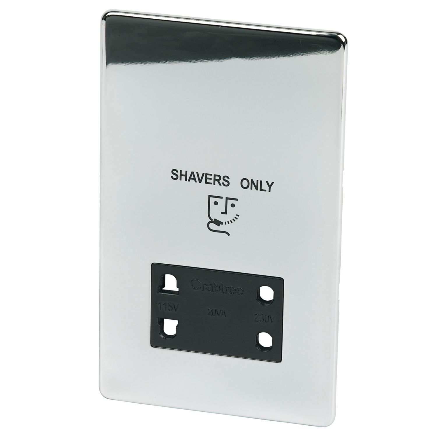 Crabtree Platinum 2-Gang Dual Voltage Shaver Socket 115 / 230V Polished Chrome with Black Inserts (29501)