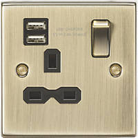 Knightsbridge CS9124AB 13A 1-Gang SP Switched Socket + 2.4A 2-Outlet Type A USB Charger Antique Brass with Black Inserts