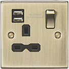 Knightsbridge  13A 1-Gang SP Switched Socket + 2.4A 2-Outlet Type A USB Charger Antique Brass with Black Inserts