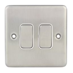 Hager Sollysta WRPS22BSW 10AX 2-Gang 2-Way Light Switch  Brushed Steel with White Inserts