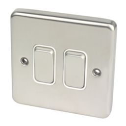 Hager Sollysta WRPS22BSW 10AX 2-Gang 2-Way Light Switch  Brushed Steel with White Inserts