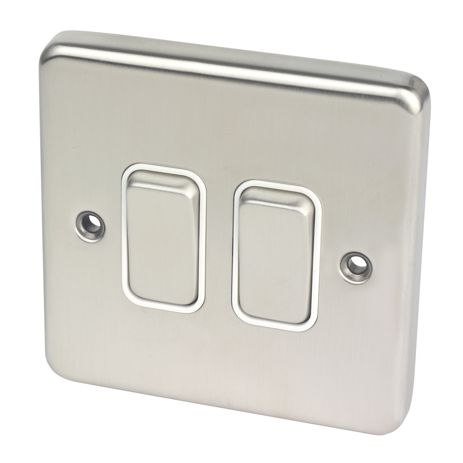 Hager Sollysta WRPS22BSW 10AX 2-Gang 2-Way Light Switch Brushed Steel with White Inserts (296AM)