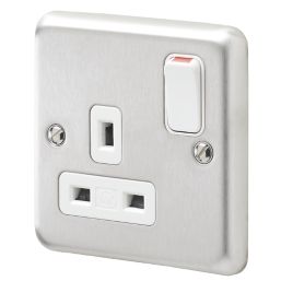 MK Albany Plus 13A 1-Gang DP Switched Plug Socket Brushed Stainless Steel  with White Inserts