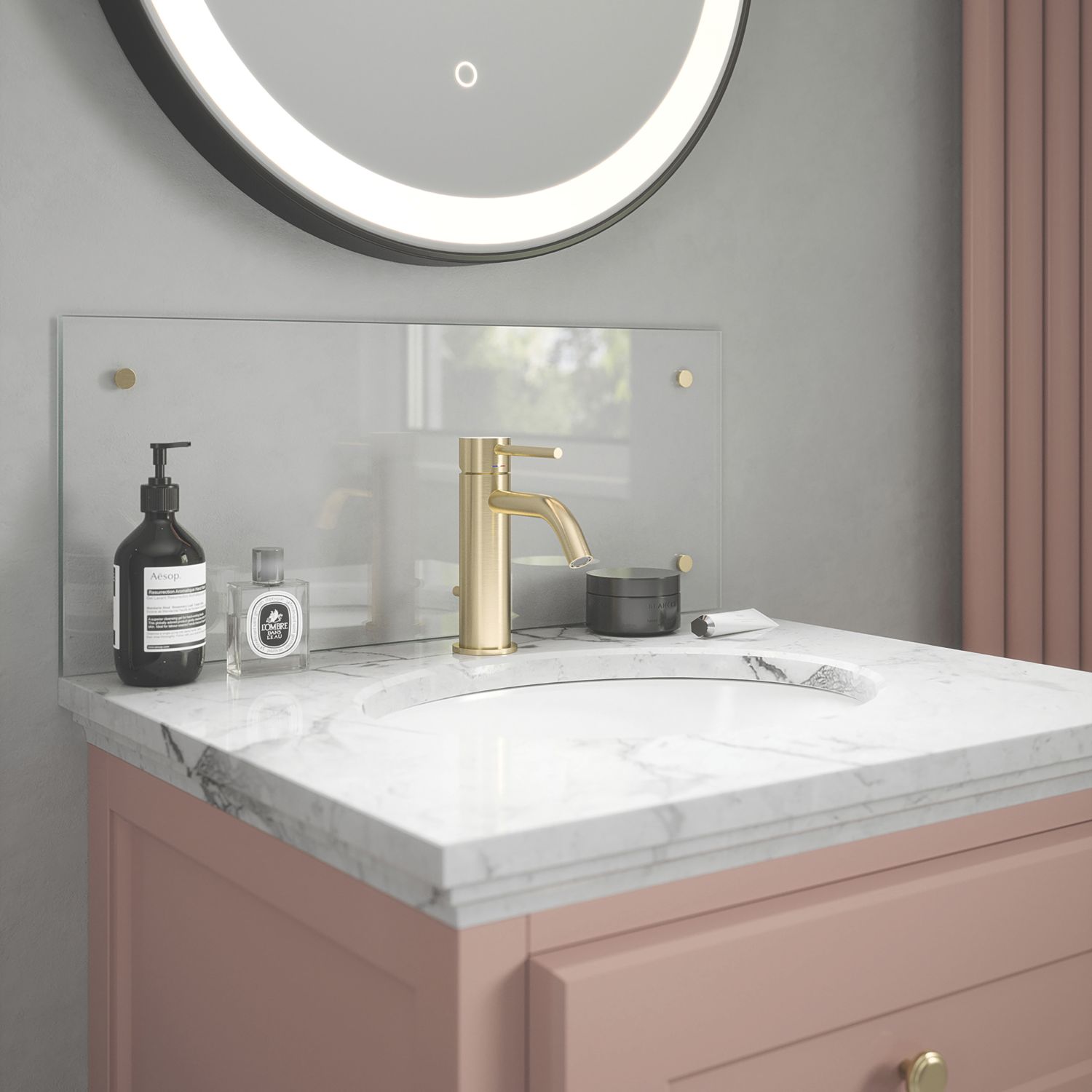 Splashback Bathroom Splashback Crystal Clear with Brushed Brass Caps 250mm x 600mm x 4mm (296JL)
